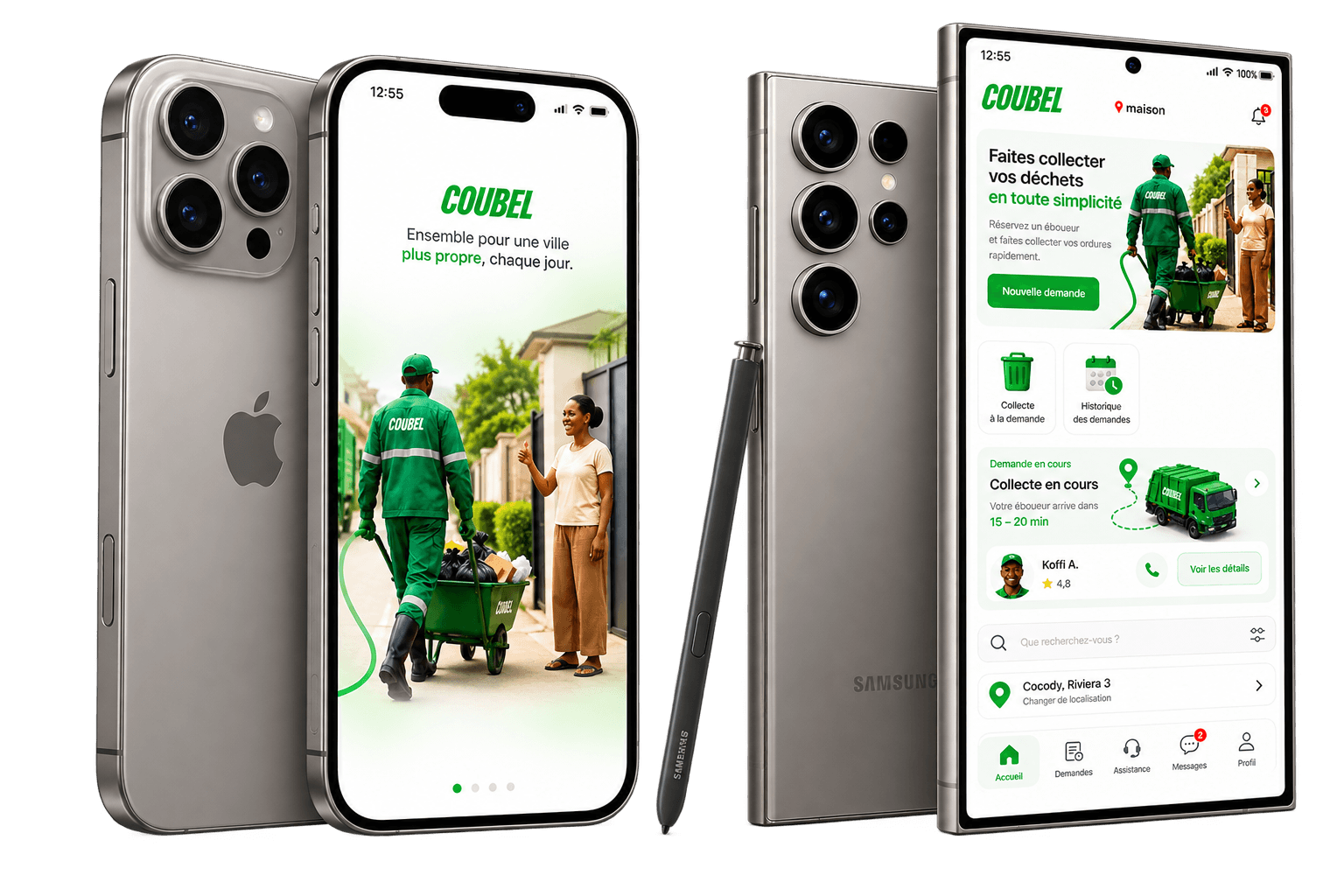 Aperçu de l'application mobile Coubel sur iPhone et Samsung : écran de démarrage et écran d'accueil avec une demande de collecte en cours